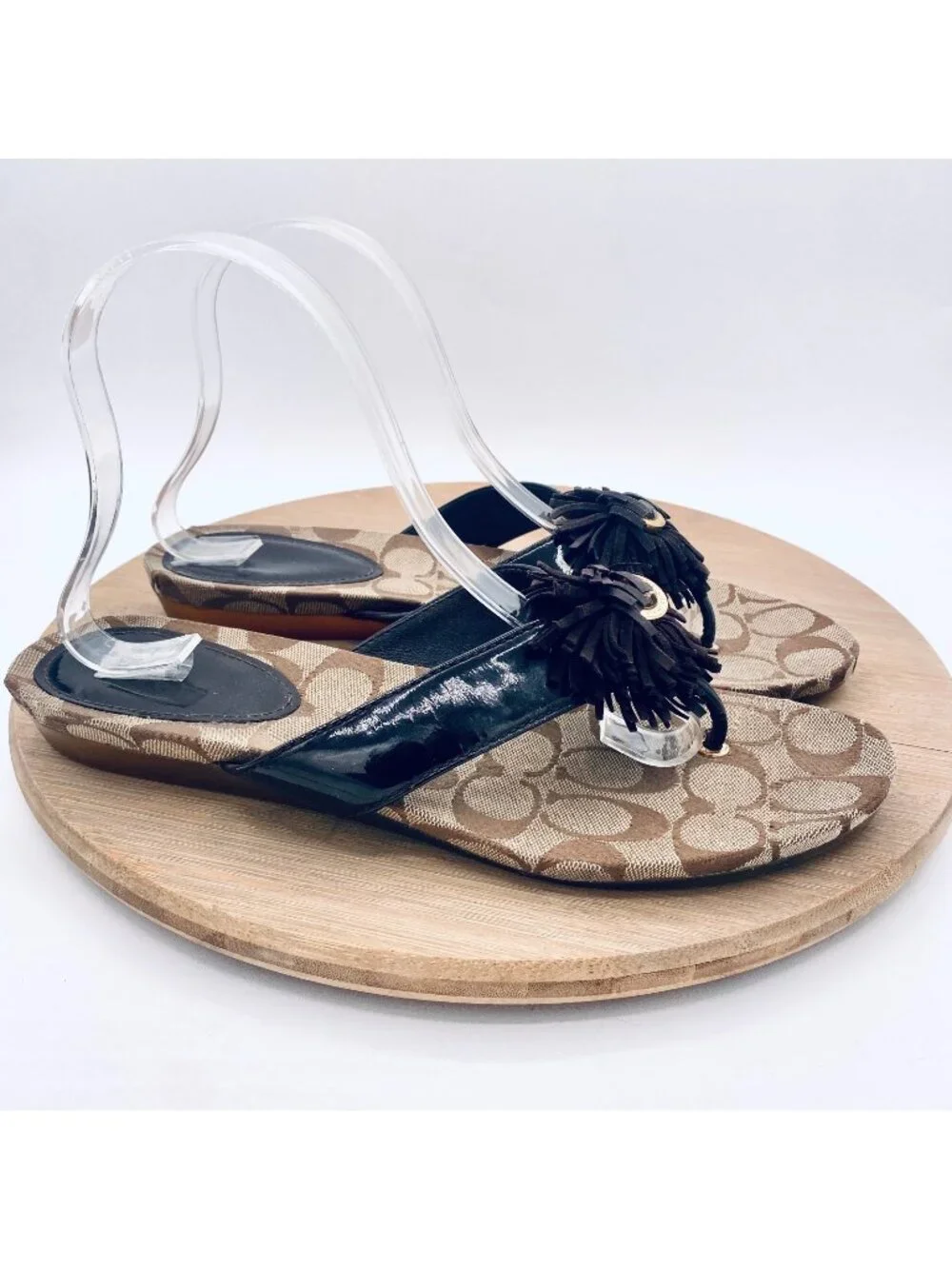 Coach Sandals Womens 9.5 Brown Leather Suki Fringe Flip Flop Rhinestone